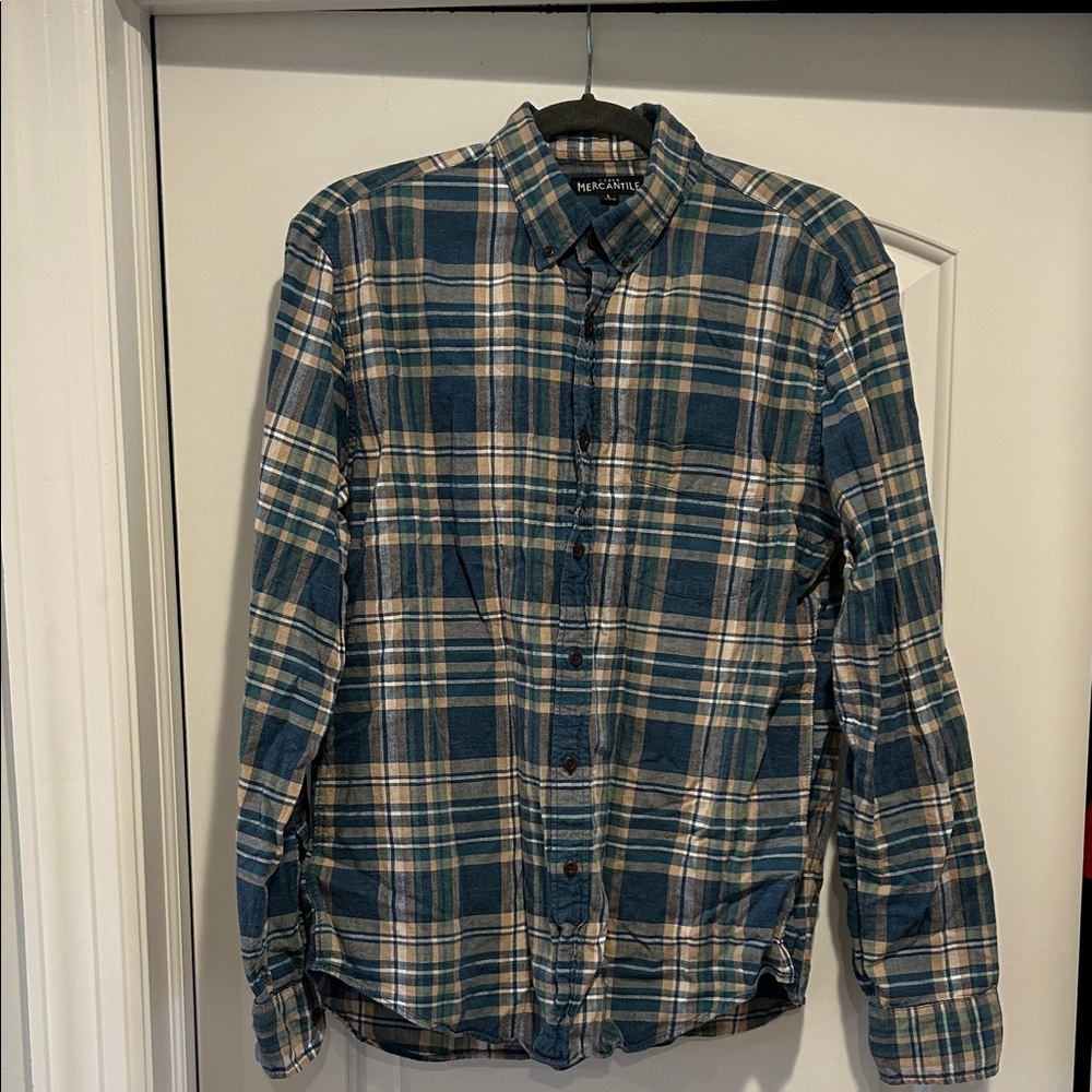 J- Crew Mercantile Men's Casual Plaid Shirt - Blue and Tan
